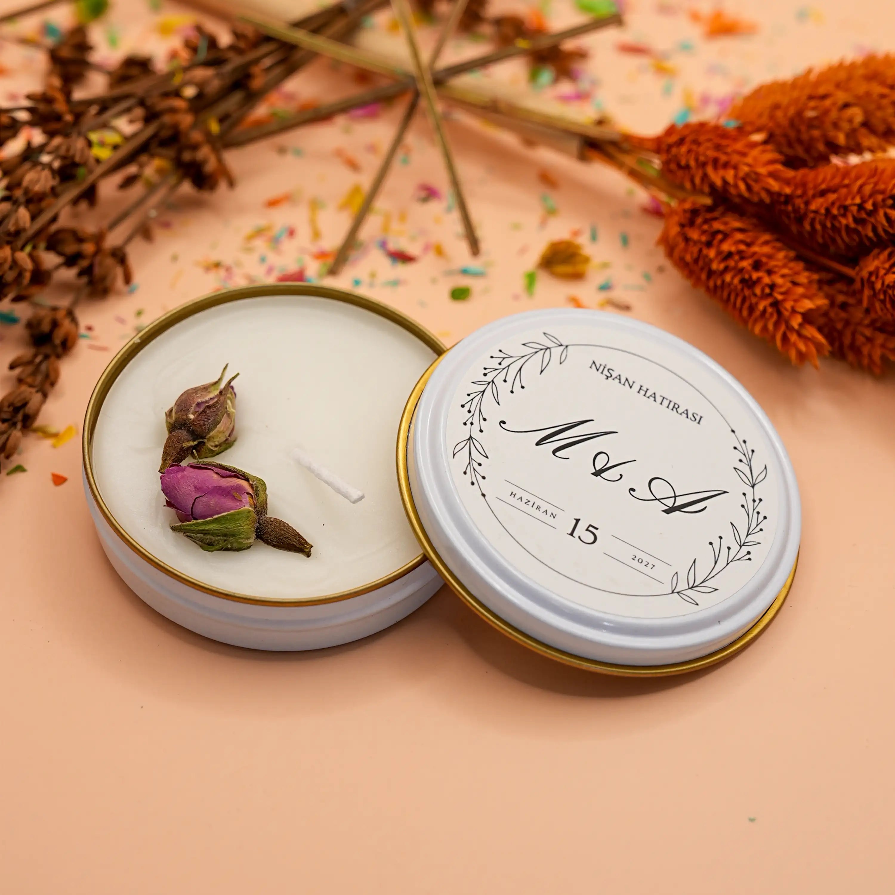 Rose Metal Kapaklı Mum | Kişiye Özel Nişan & Kına Hediyelikleri