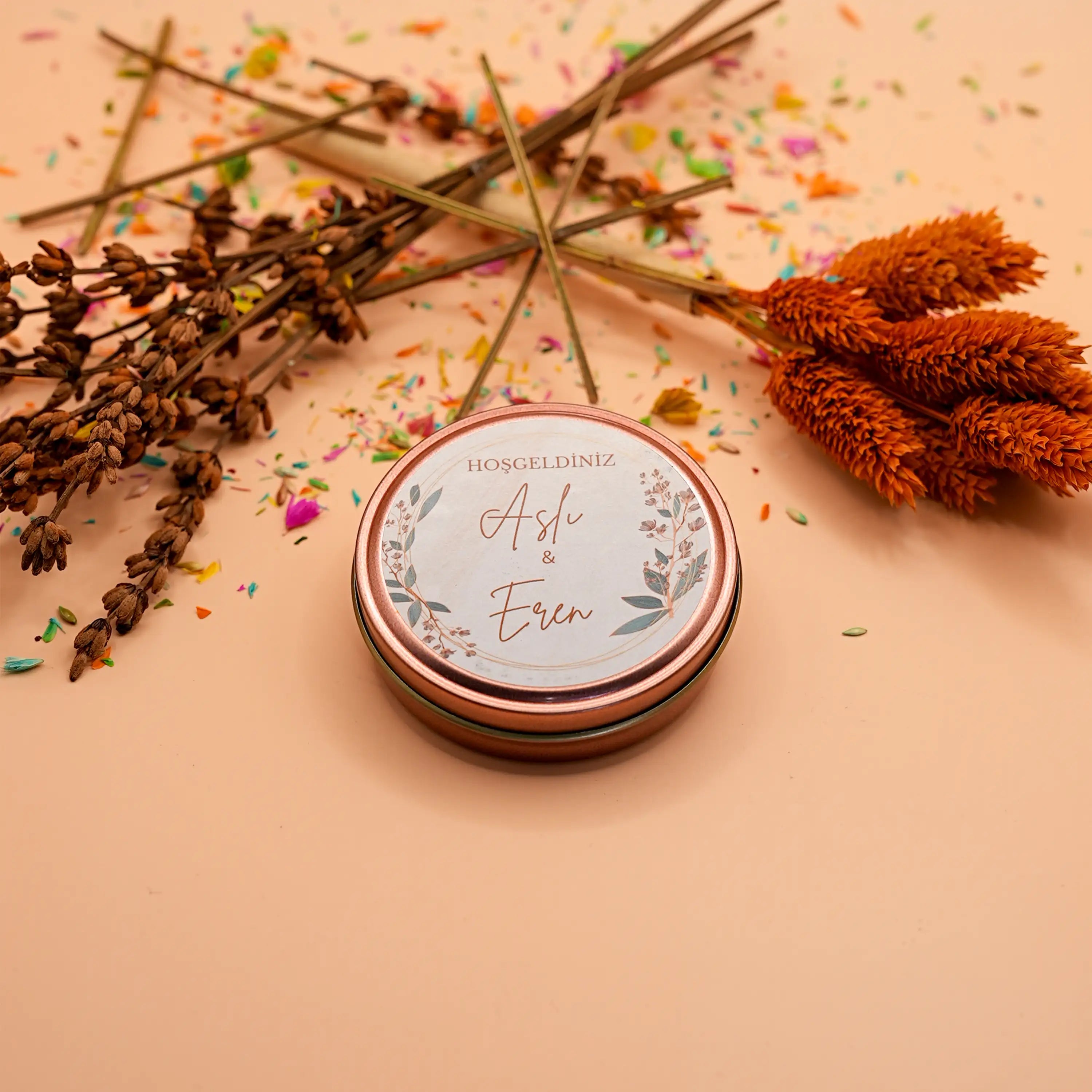 Rose Metal Kapaklı Mum | Kişiye Özel Nişan & Kına Hediyelikleri