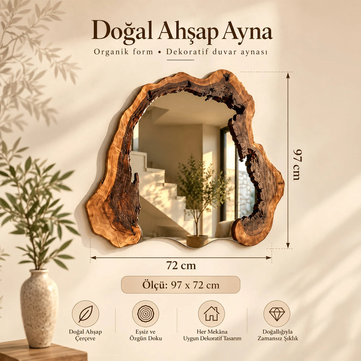 Ahşabın doğal dokusunu yansıtan özel tasarım dekoratif ayna