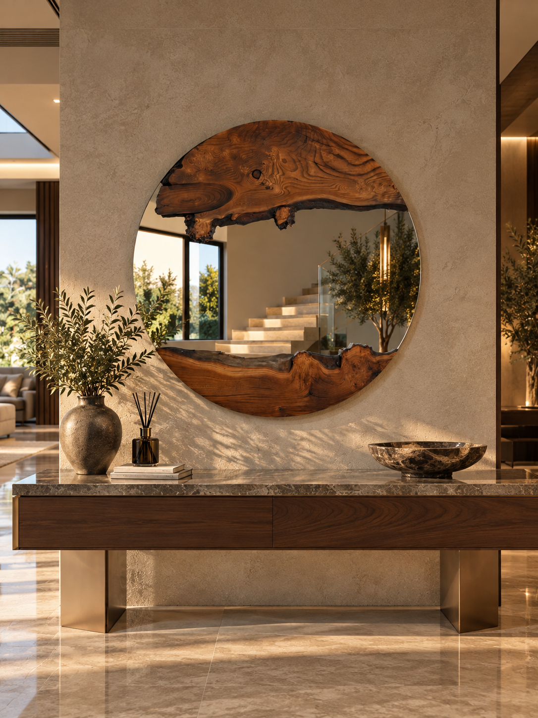 Modern villa girişinde kullanılan doğal ahşap detaylı yuvarlak dekoratif duvar aynası